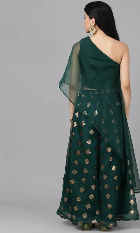 Green one shoulder cape with top and palazzo 3pc set