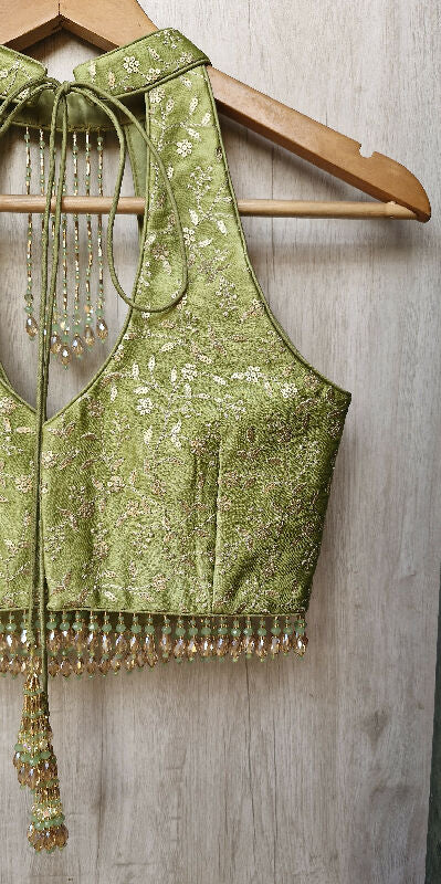 Green Embroidered Halter Neck Silk Blouse