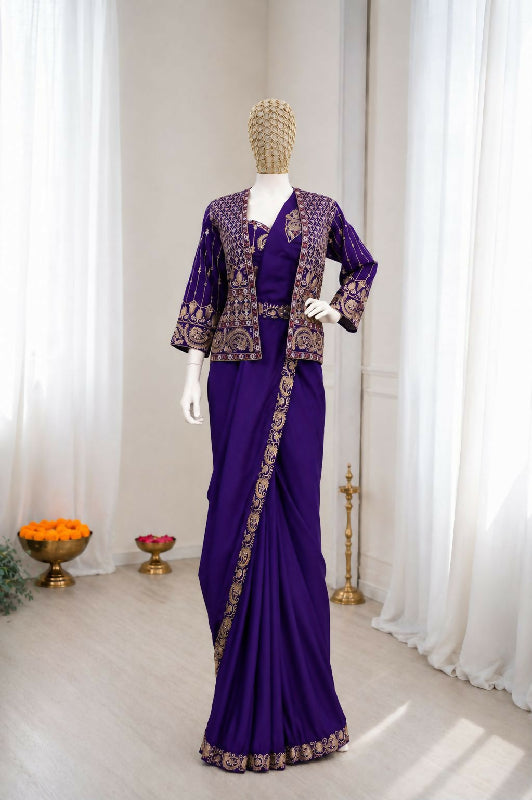 Purple ready to wear one min cape saree with blouse