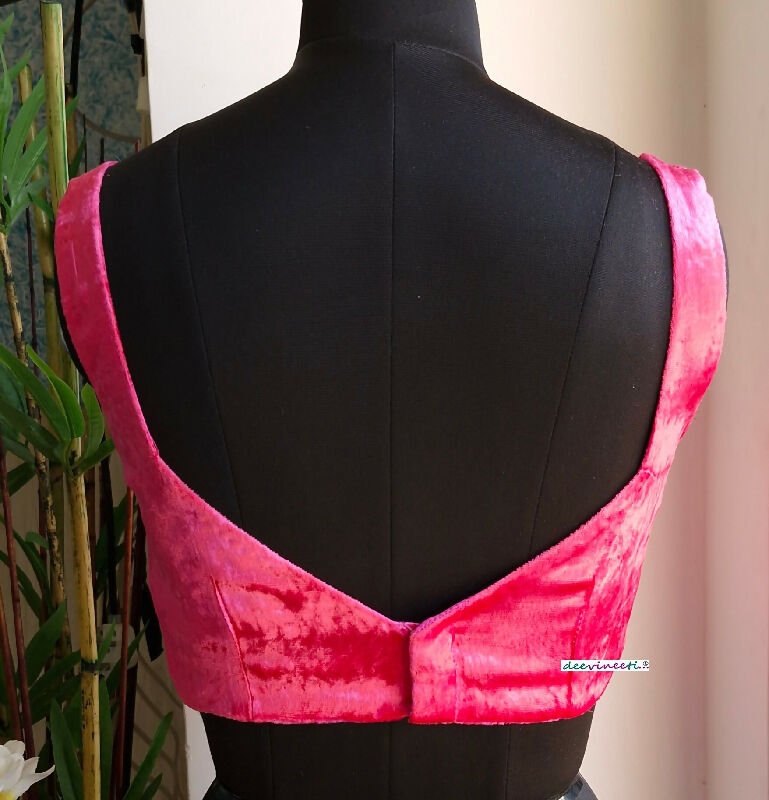 Hot Pink Velvet Saree Lehenga Blouse Sleeveless Sweetheart Neck