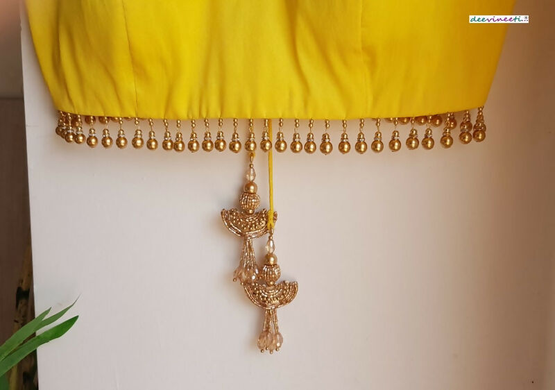 Yellow Blended Raw Silk Trapeze Neck Blouse Gold Bead Fringe