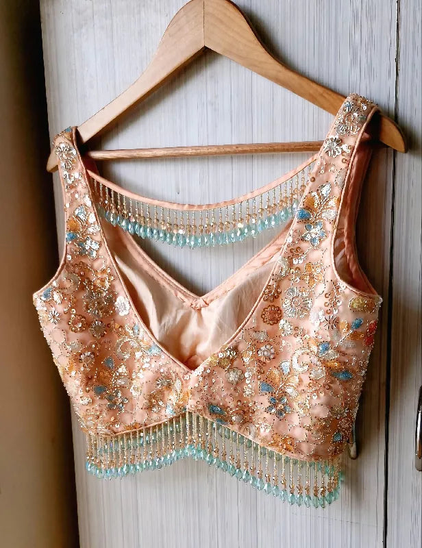 Peach Embroidered Net Blouse, Beads Fringes, Deep V Neck