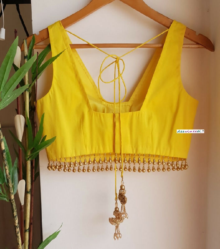 Yellow Blended Raw Silk Trapeze Neck Blouse Gold Bead Fringe
