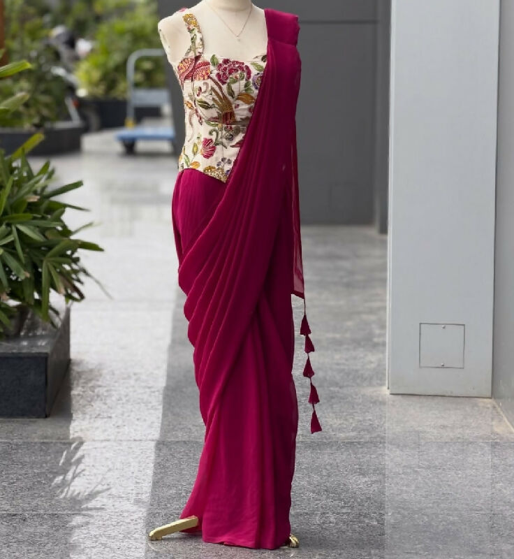 Pink ready to wear one min saree with corset blouse