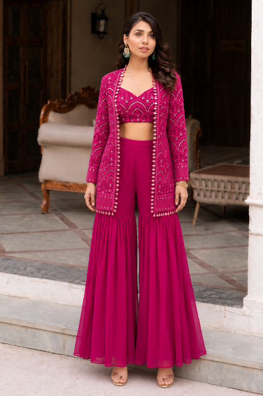 Pink indo western crop top with jacket , sharara and dupatta 4pc set