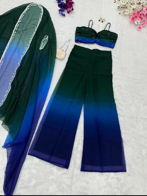 Green ombre shaded indo western crop top with palazzo and jacket