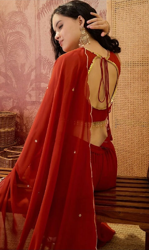 Orange short back crop top kurta with palazzo and dupatta set