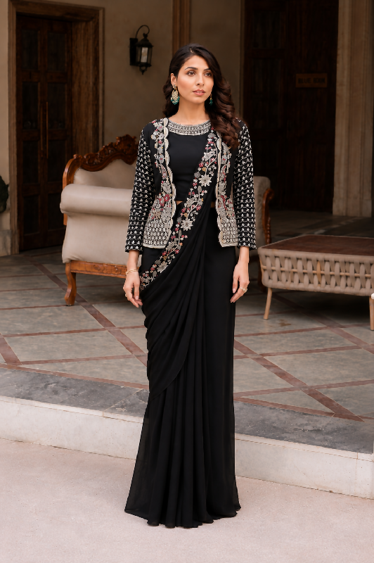 Black ready to wear pleated saree with blouse and cape jacket