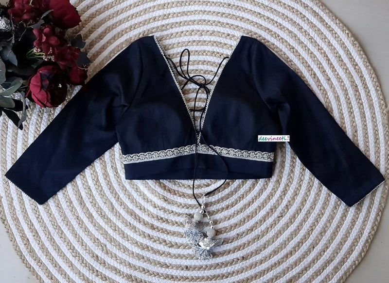 Blended Raw Silk Plunge Neckline Blouse Silver Trim