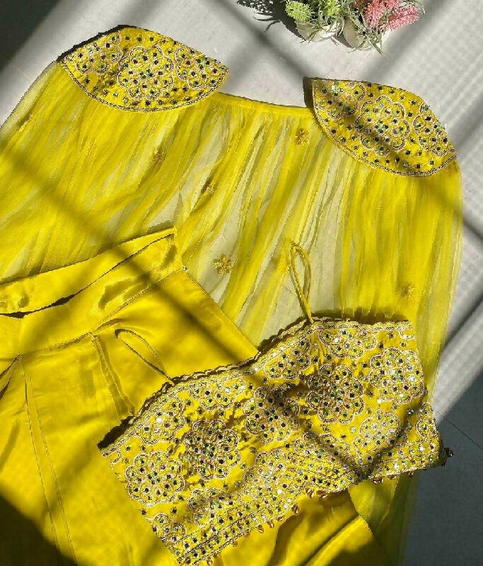 Yellow mirror work cape with dhoti skirt and top set