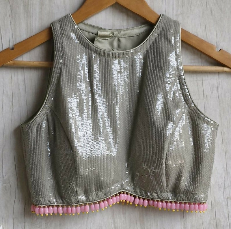 Sequin Embroidered Greenish Grey Jewel Neck Blouse, Handmade Fringes