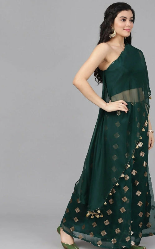 Green one shoulder cape with top and palazzo 3pc set