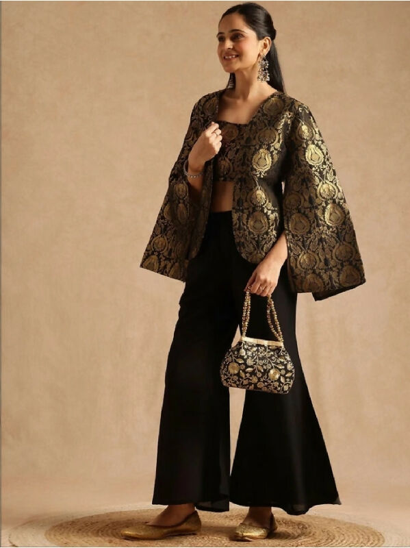 Black brocade jacket with top and palazzo