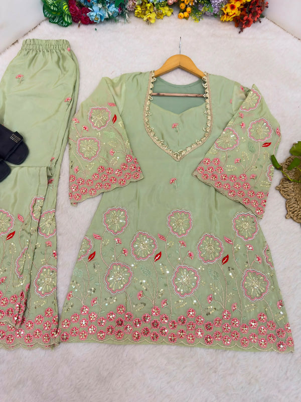 Green silk indo western crop top with kurti and sharara 3pc set