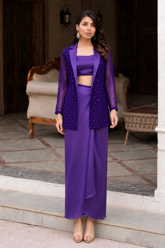 Purple indo western top with dhoti skirt and jacket set