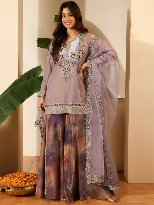 Purple silk kurti with printed shiny palazzo and dupatta set