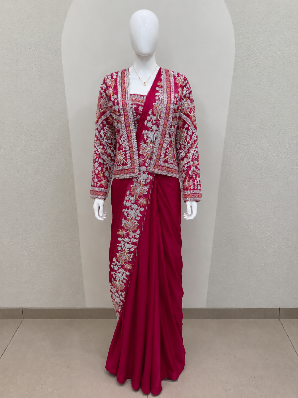 Pink one min readymade cape saree with blouse and set
