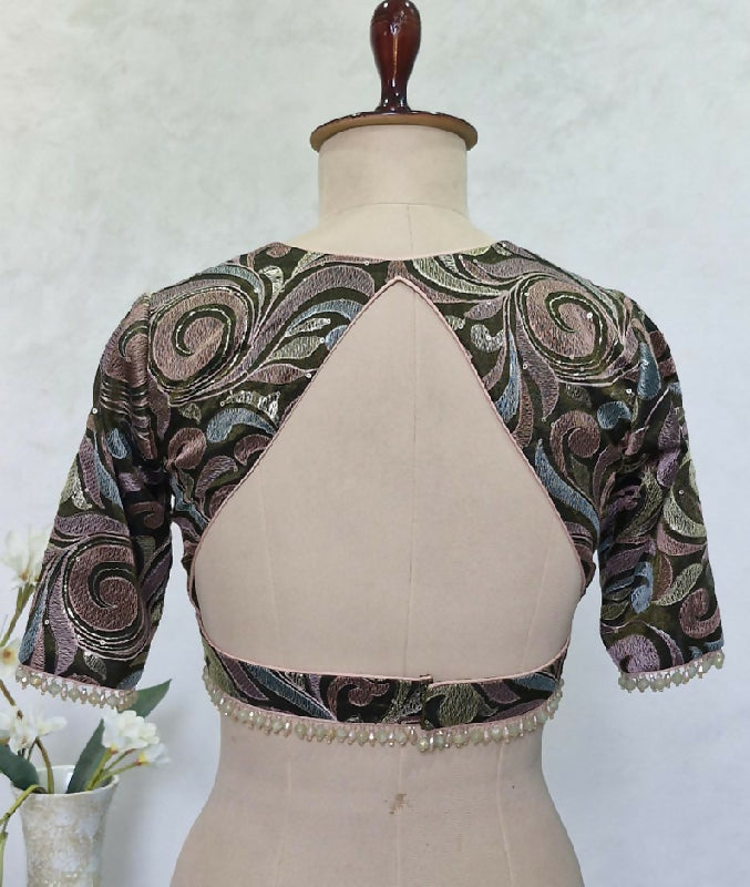 Deep Olive Green Embroidered Tissue Silk Saree Blouse, Elbow Sleeves
