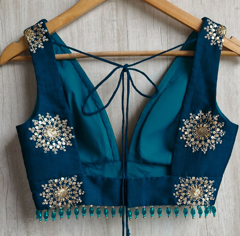 Teal Embroidered Plunge Neck Silk Saree Blouse
