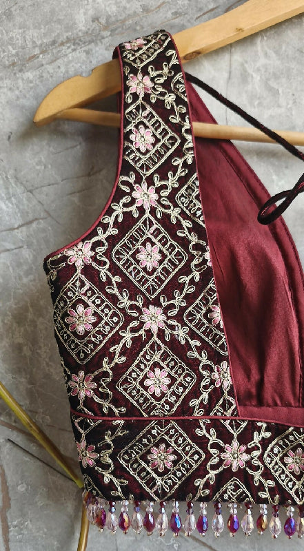 Maroon Embroidered Velvet Plunge Neckline Blouse