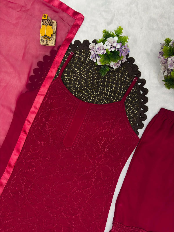 Dark pink spaghetti kurti with sharara and dupatta set