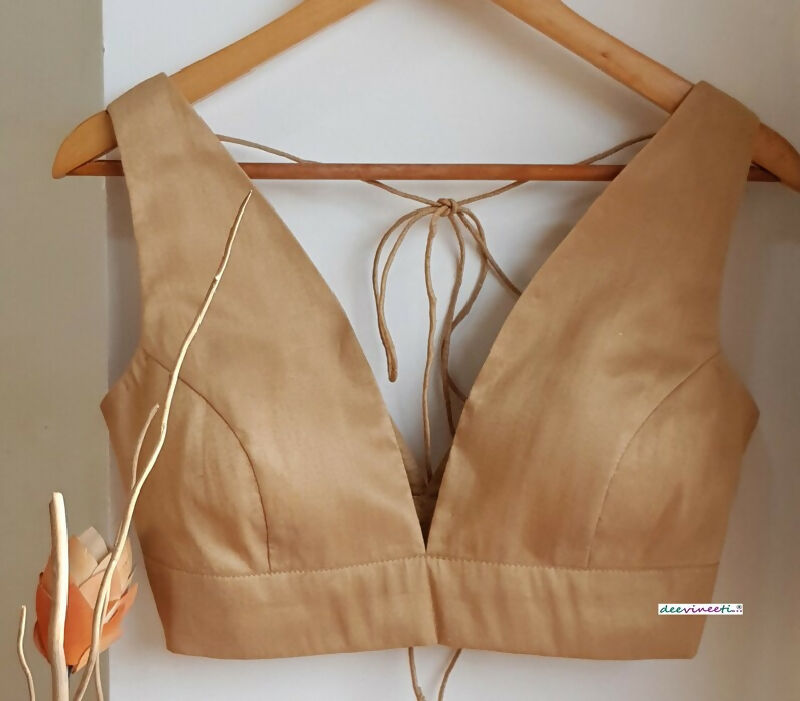 Beige Blended Raw Silk Plunge Neck Blouse