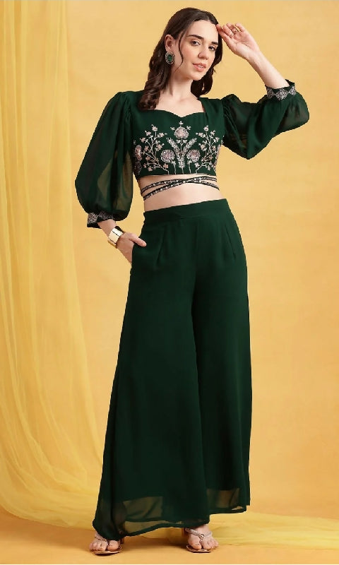 Green criss cross crop top with palazzo set