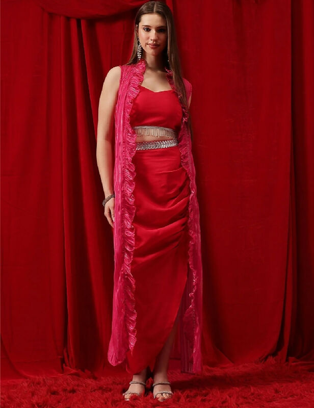 Red pink indo western top with dhoti skirt and shrug cape set
