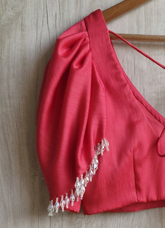 Pink Art Silk V Neck Ruffle Sleeves Blouse