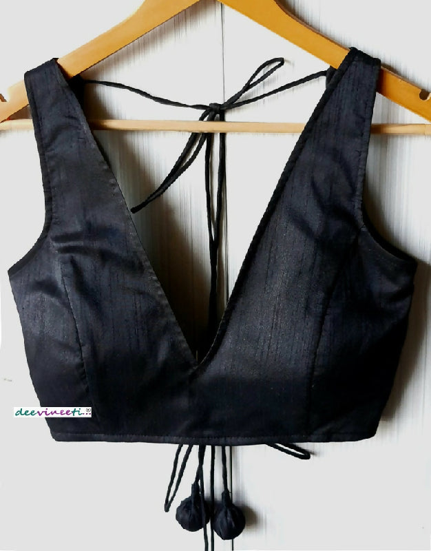 Black Blended Raw Silk Deep V Neck Blouse