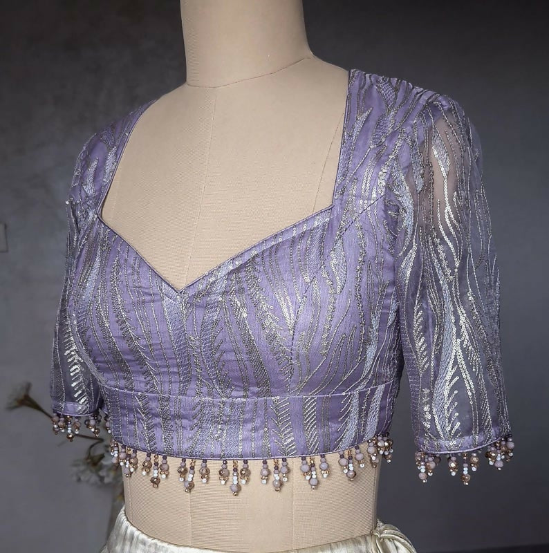 Lavender Embroidered Organza Sweetheart Neck Blouse
