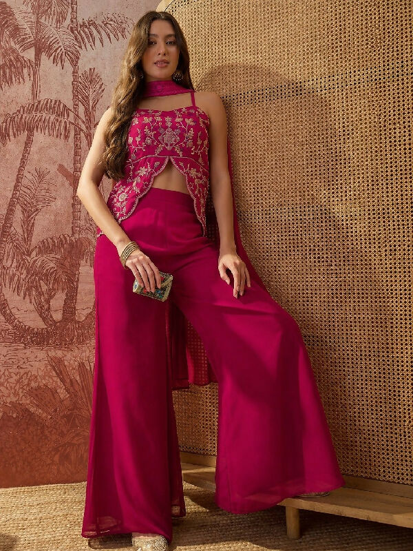 Pink indo western crop top with palazzo and dupatta set