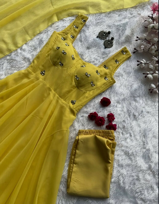Yellow corset flaired anarkali suit with pent and dupatta 3pc set