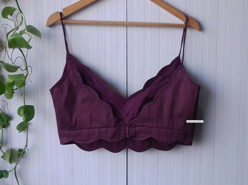 Burgundy Wine Blended Raw Silk Scallop Neck Blouse