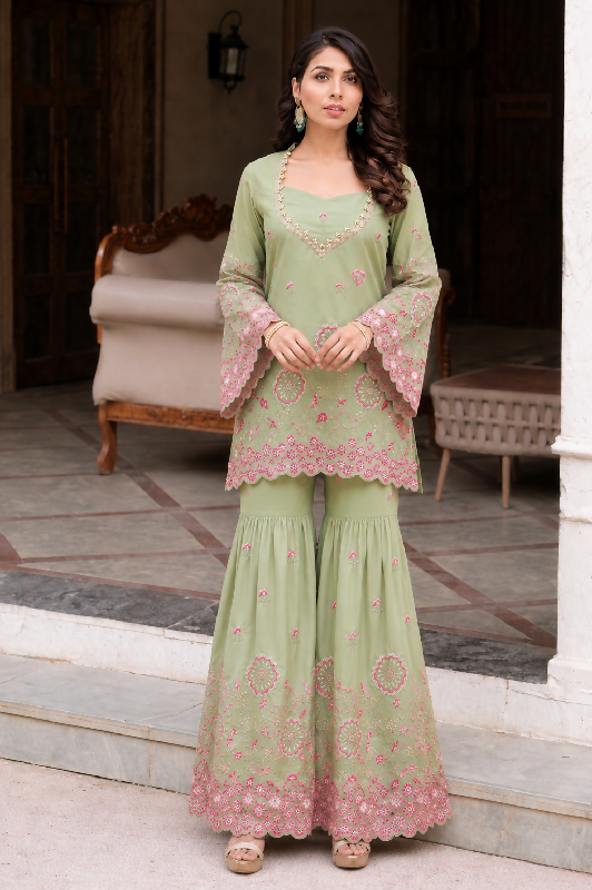 Green silk indo western crop top with kurti and sharara 3pc set