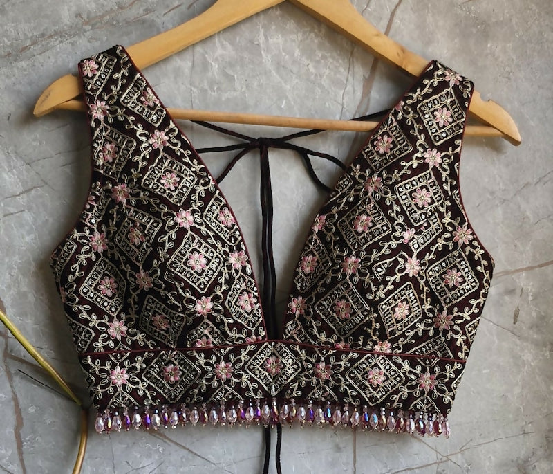 Maroon Embroidered Velvet Plunge Neckline Blouse
