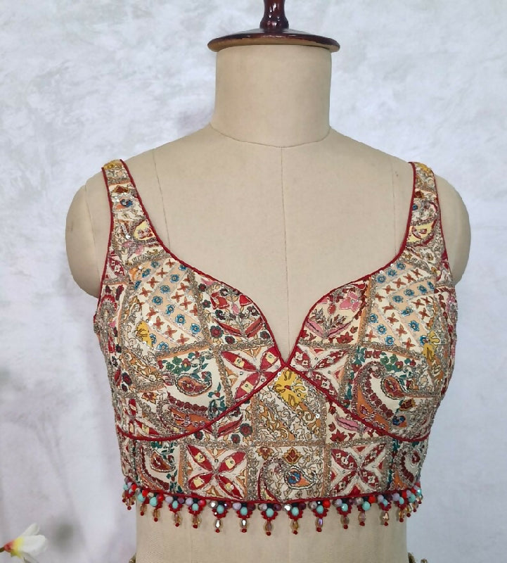 Embroidered Chinon Deep Sweetheart Neck Blouse