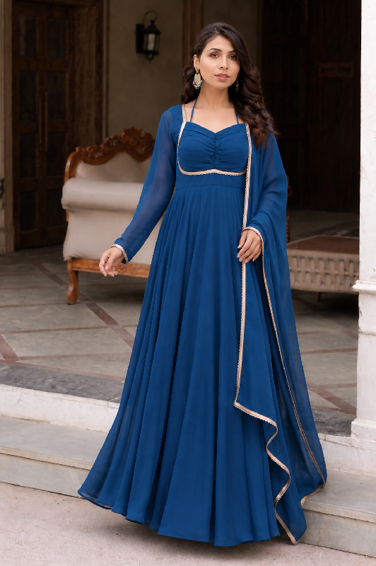 Blue pleated choli style flaired anarkali gown with dupatta
