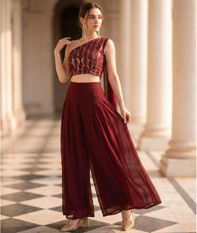 Blue indo western one shoulder top with palazzo