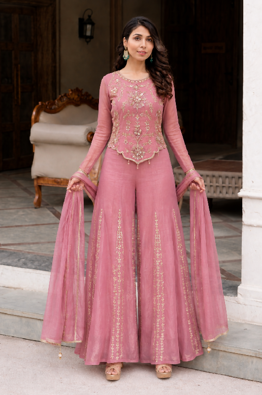 Pink crop top with flaired palazzo and dupatta 3pc set