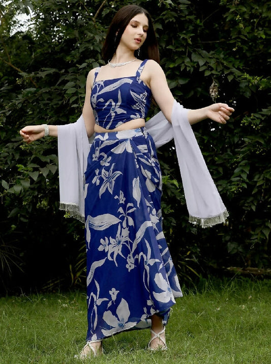 Blue floral corset top with dhoti and dupatta set