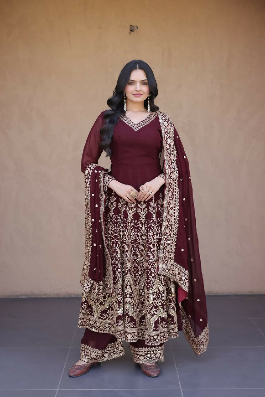 Maroon flaired v neck anarkali suit with pent and dupatta 3pc set