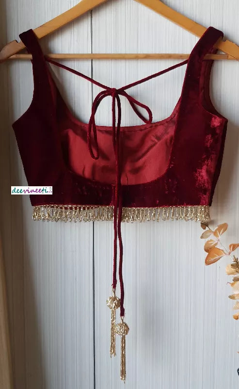 Deep Burgundy Velvet Saree Lehenga Blouse Sleeveless Square Neck with Fringes - 3/4 Sleeve