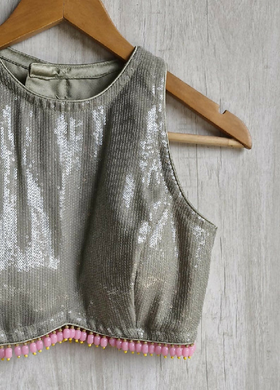 Sequin Embroidered Greenish Grey Jewel Neck Blouse, Handmade Fringes