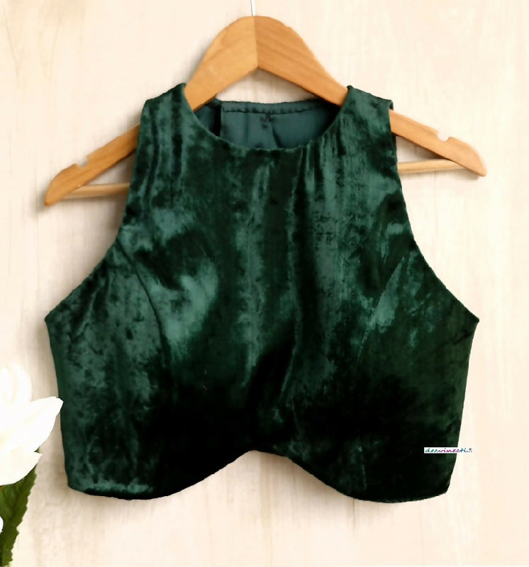 Bottle Green Viscose Velvet Saree Lehenga Blouse Jewel Neck
