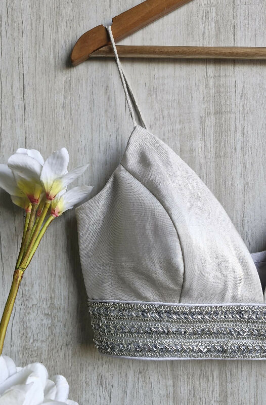 Silver Tissue Plunge Spaghetti Silk Blouse