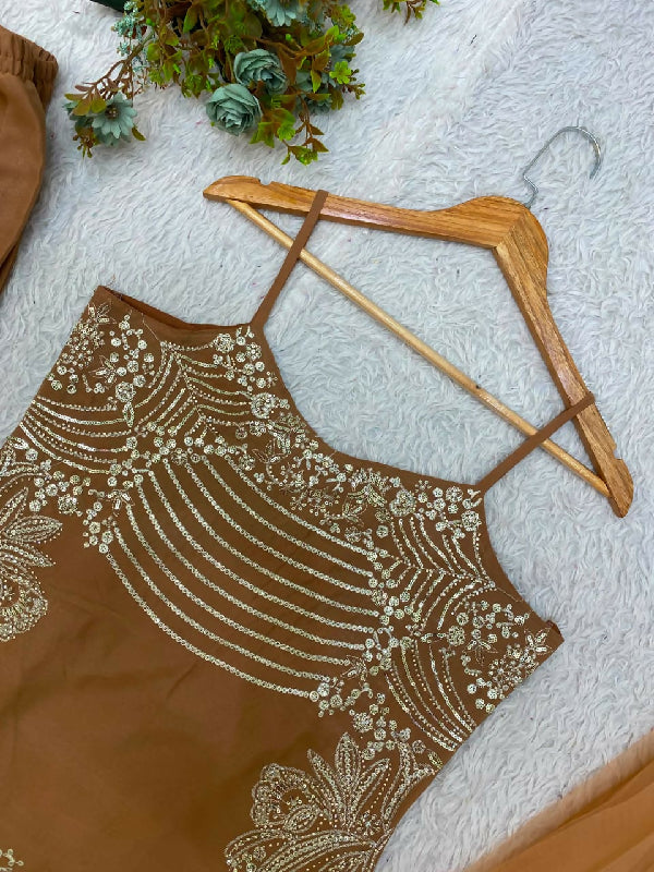 Brown spaghetti sleeveless kurta salwar set with dupatta