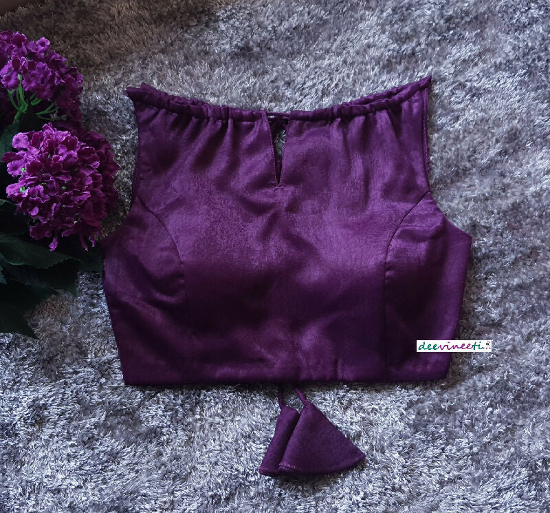 Purple Velvet Crepe Saree Lehenga Blouse Sleeveless Boatneck