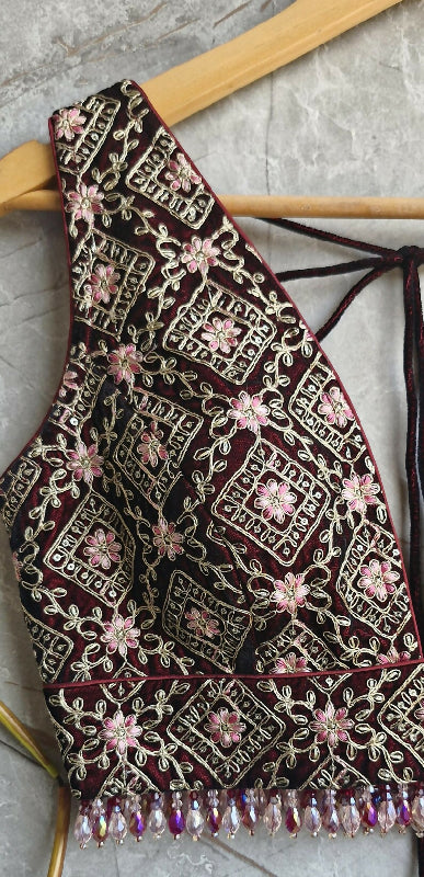 Maroon Embroidered Velvet Plunge Neckline Blouse