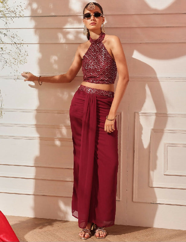 Maroon indo western dhoti skirt with halter neck top